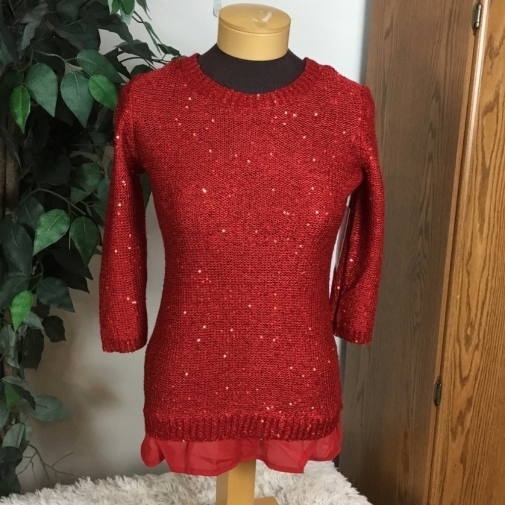 Notations Petite Red Sequin Knit Sweater with Chiffon Hem NWT PXS